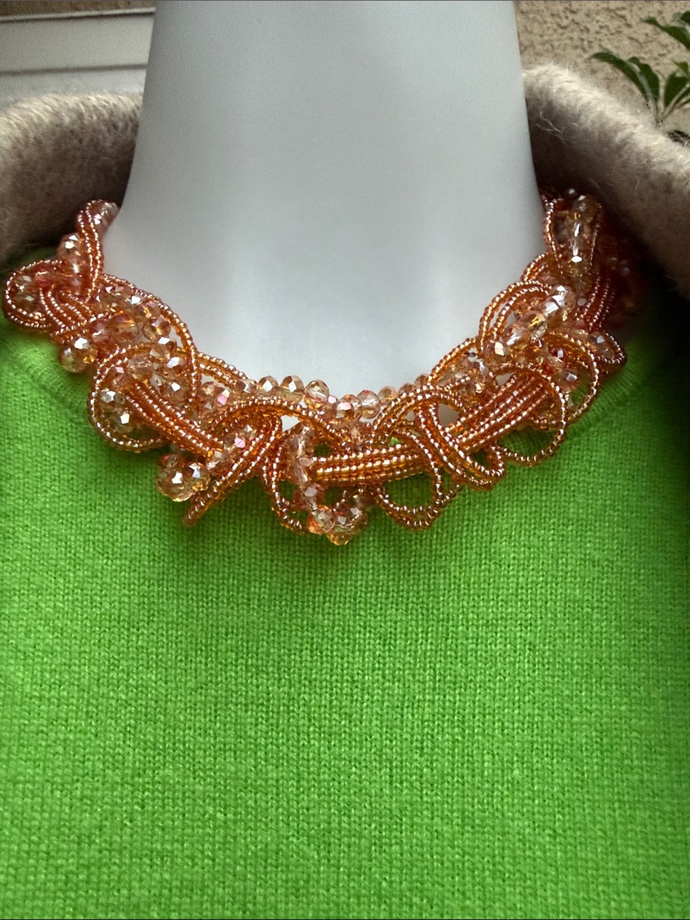 Vintage Glass Beaded Statement Necklace Orange Cream